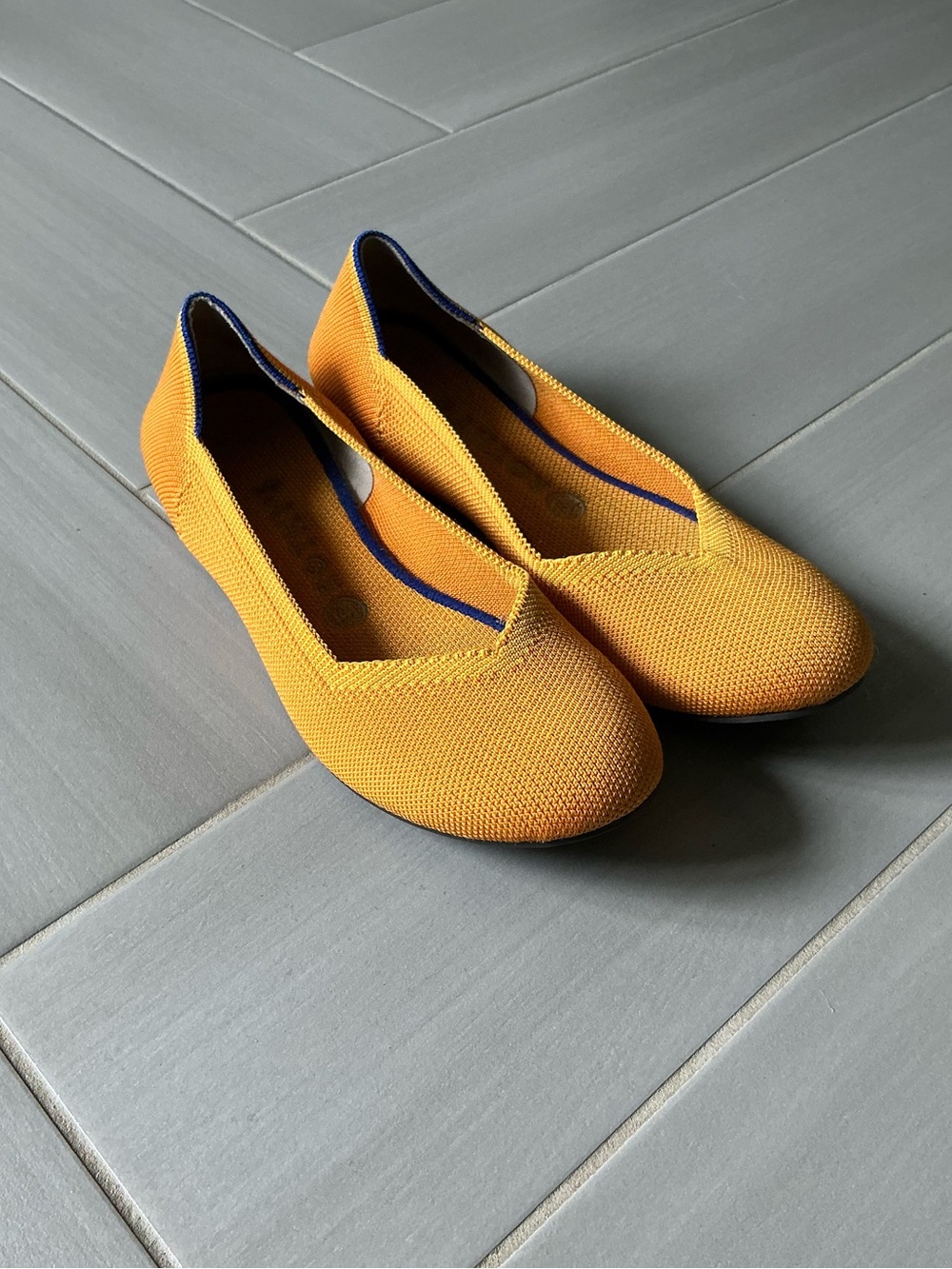 Rothy's Yellow Knit Slip-On Flats with Blue Trim